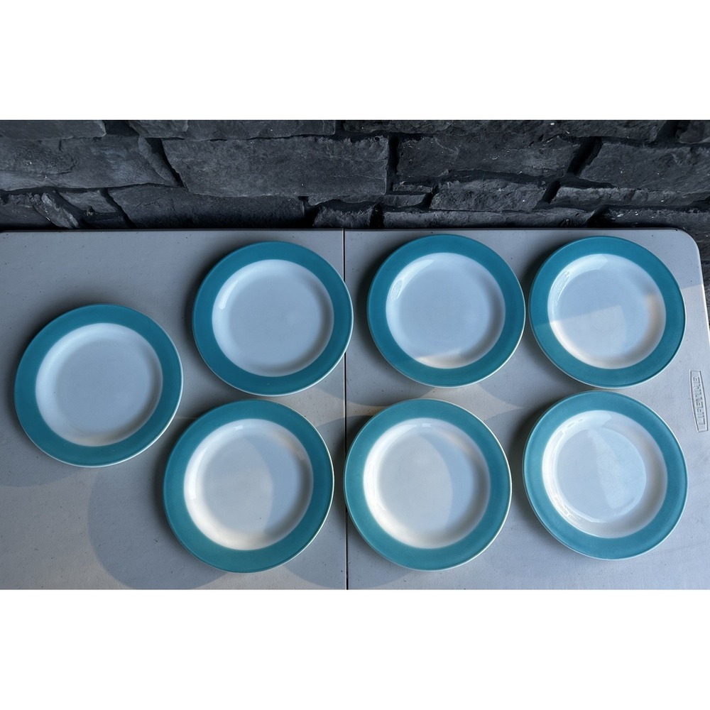 Vintage 1950's Pyrex Milk Glass & Turquoise Blue Band 10" Dinner Plate Set of 7